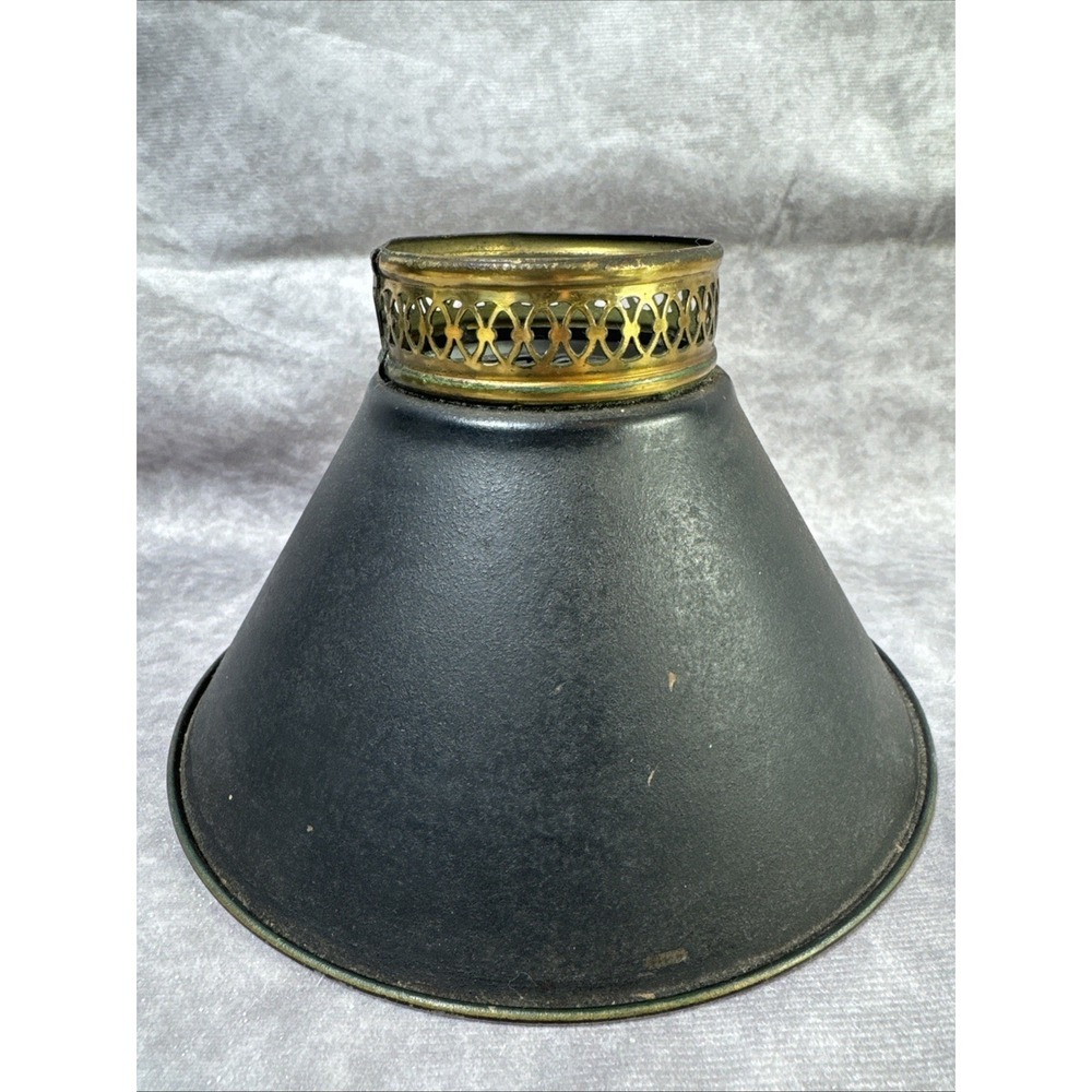 Vintage Black Metal Tole Lampshade Brass Filigree top 7.25"Inch Diameter patina